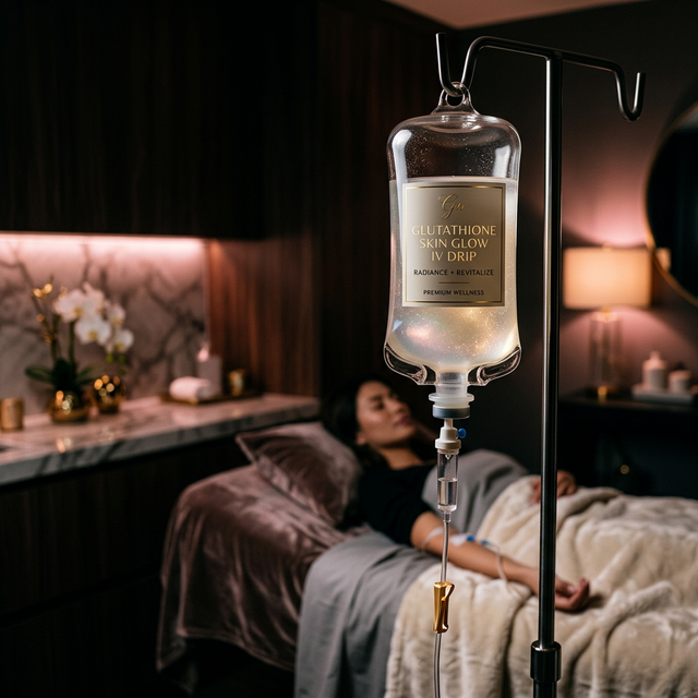 Beauty IV drip — glutathione IV bag with soft pink glow in a luxury spa clinic