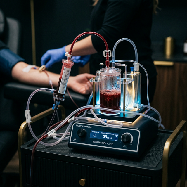EBOO therapy equipment — IV tubing and ozone generator in a clinical wellness setting