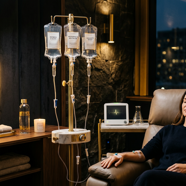 IV therapy complete guide — multiple IV drip bags and medical equipment in an elegant clinical setting