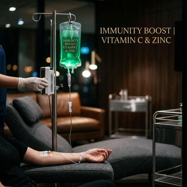 Immunity IV drip — vitamin C and zinc IV bag in a clinical wellness setting