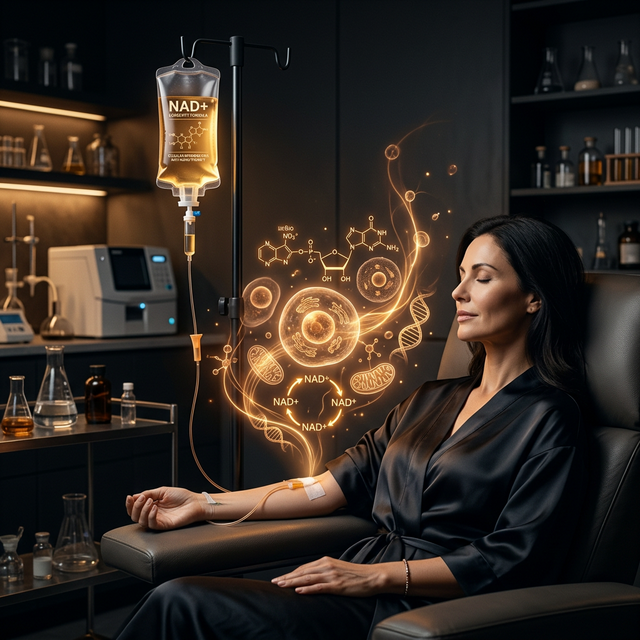 NAD+ IV therapy — golden IV drip bag in a clinical lab setting representing cellular energy