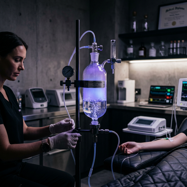 Medical ozone therapy — glass vessel with ozone gas and blue bioluminescent glow
